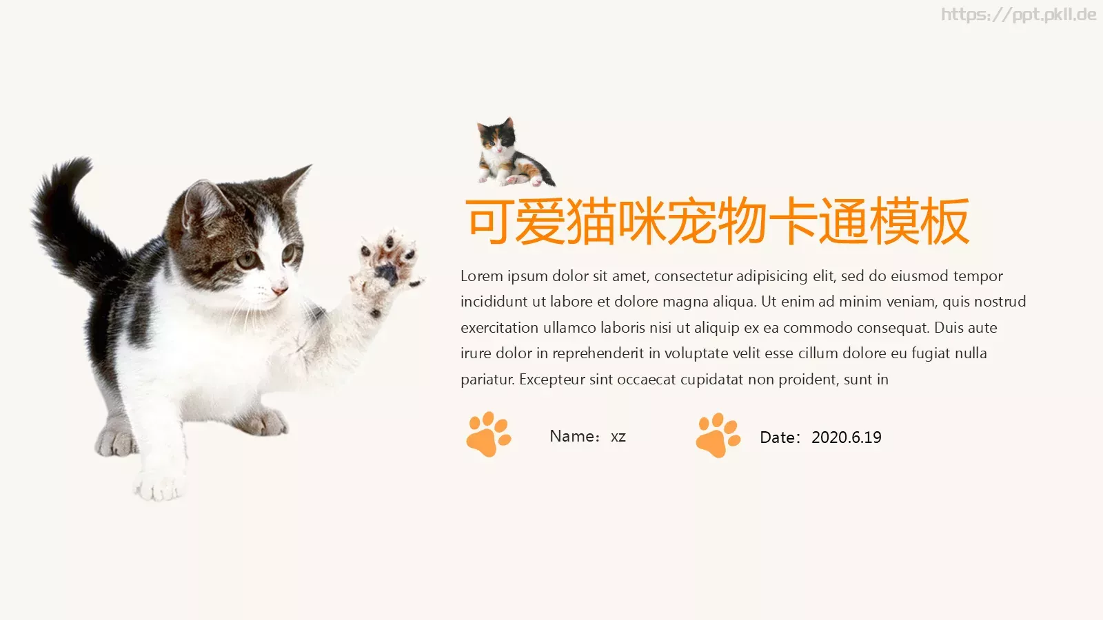 可爱猫咪宠物卡通PPT模板 第 1 页缩略图